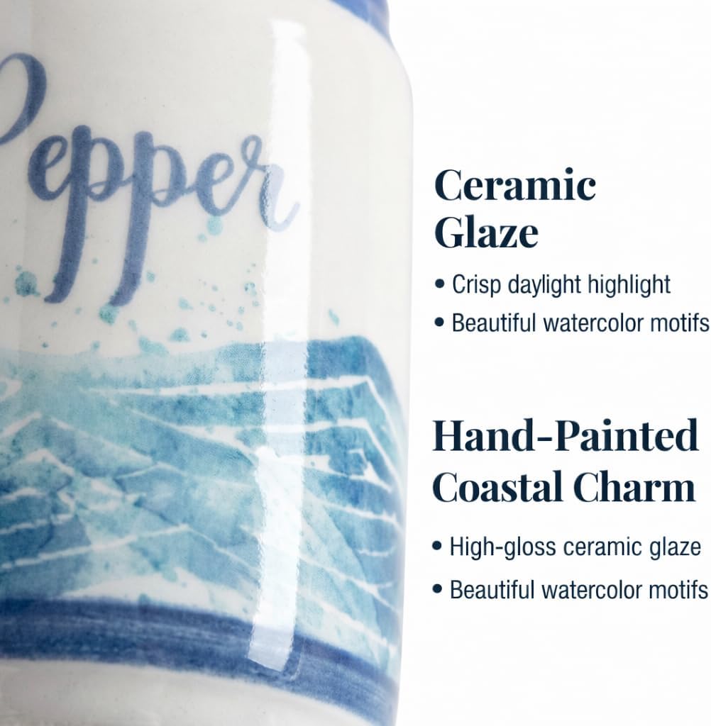 Beachy Blue Fish & Ocean Waves Ceramic Salt & Pepper Shakers - Set of 2