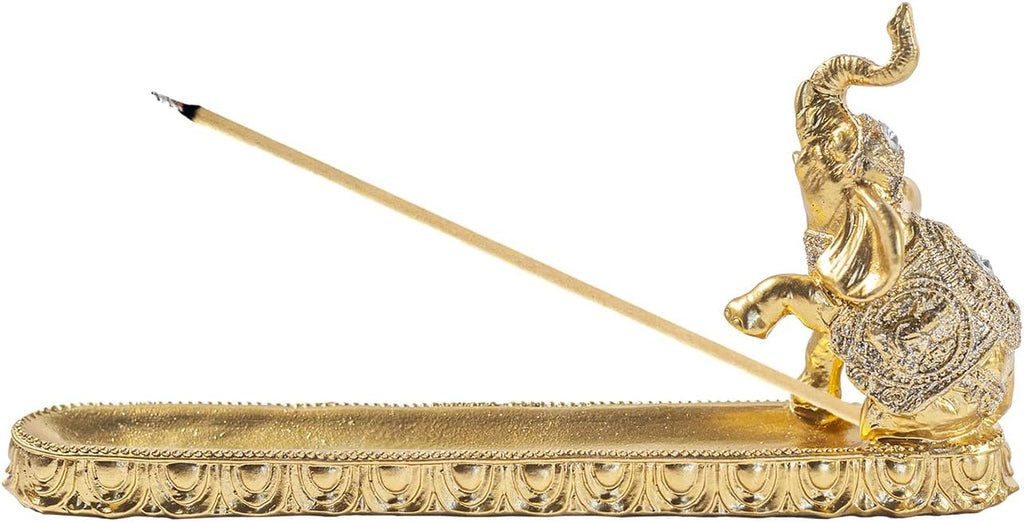 Gold Elephant Incense Holder, Resin Feng Shui Statue Ash Catcher Tray, 9.45In