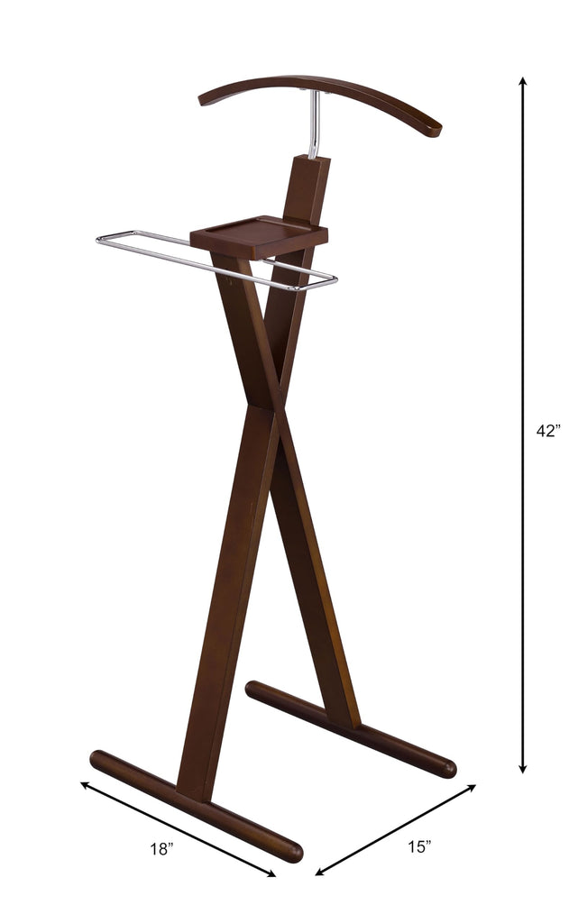 Josh Freestanding Wooden Valet Stand Organizer with Tray, Hanger, Trouser Bar, Walnut