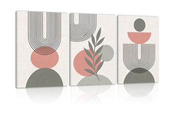 Boho Wall Art Set of 3, Abstract Geometric Linen Textured Canvas Decor