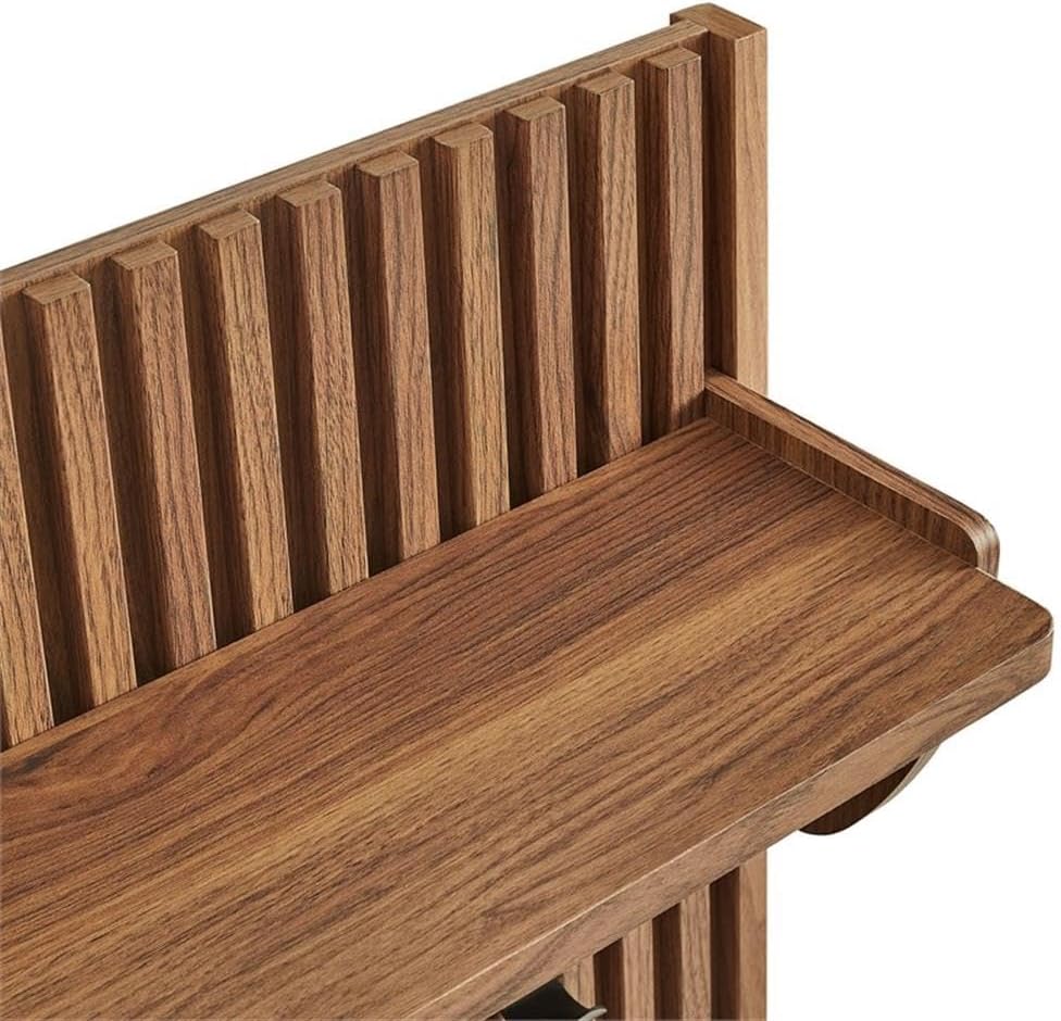 Contemporary Wall-Mounted Fluted Coat Rack Panel, Walnut Finish, 4 Hooks with Shelf, Durable Wood Grain Laminate