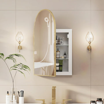 Recessed Medicine Cabinet,Arched Medicine Cabinet with Mirror | Brushed Gold Metal Edge,3 Adjustable Glass