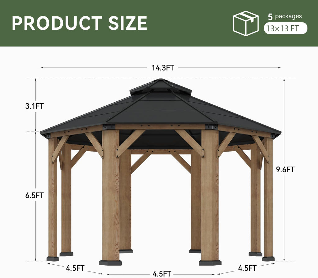 13' x 13' Outdoor Wood Octagon Gazebo, Hardtop Gazebo Permanent Wooden Pavilion with Galvanized Steel Double Roof