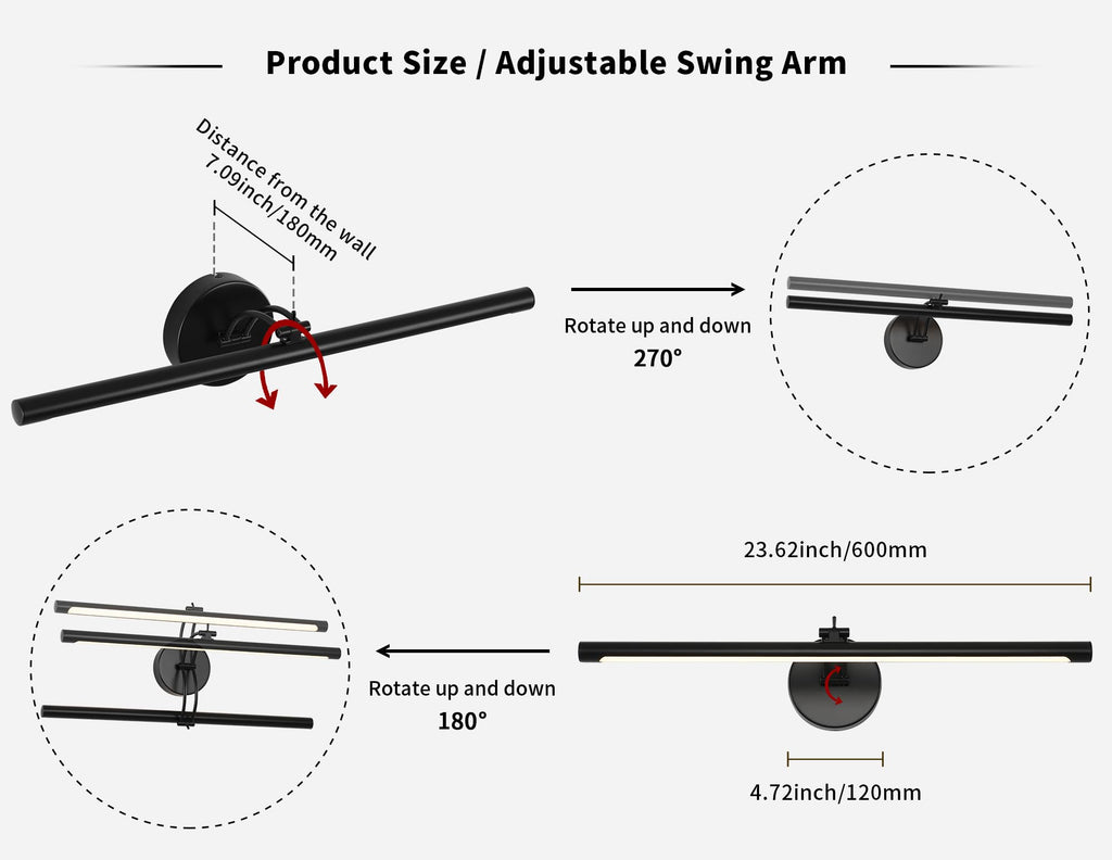 Picture Light Dimmable Hard Wired 23.62 Inch Adjustable Swing Arm Black Wall Lights for Pictures Led Display Light