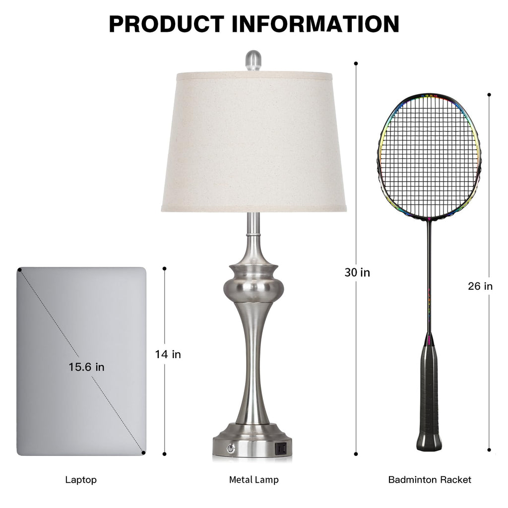 30" Silver Table Lamps Set of 2, 3 Way Touch Control Living Room Lamp with USB A+C Ports, Modern Brushed Nickel