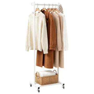 63-Inch White Clothes Rack with Shoe Shelf and Side Hooks