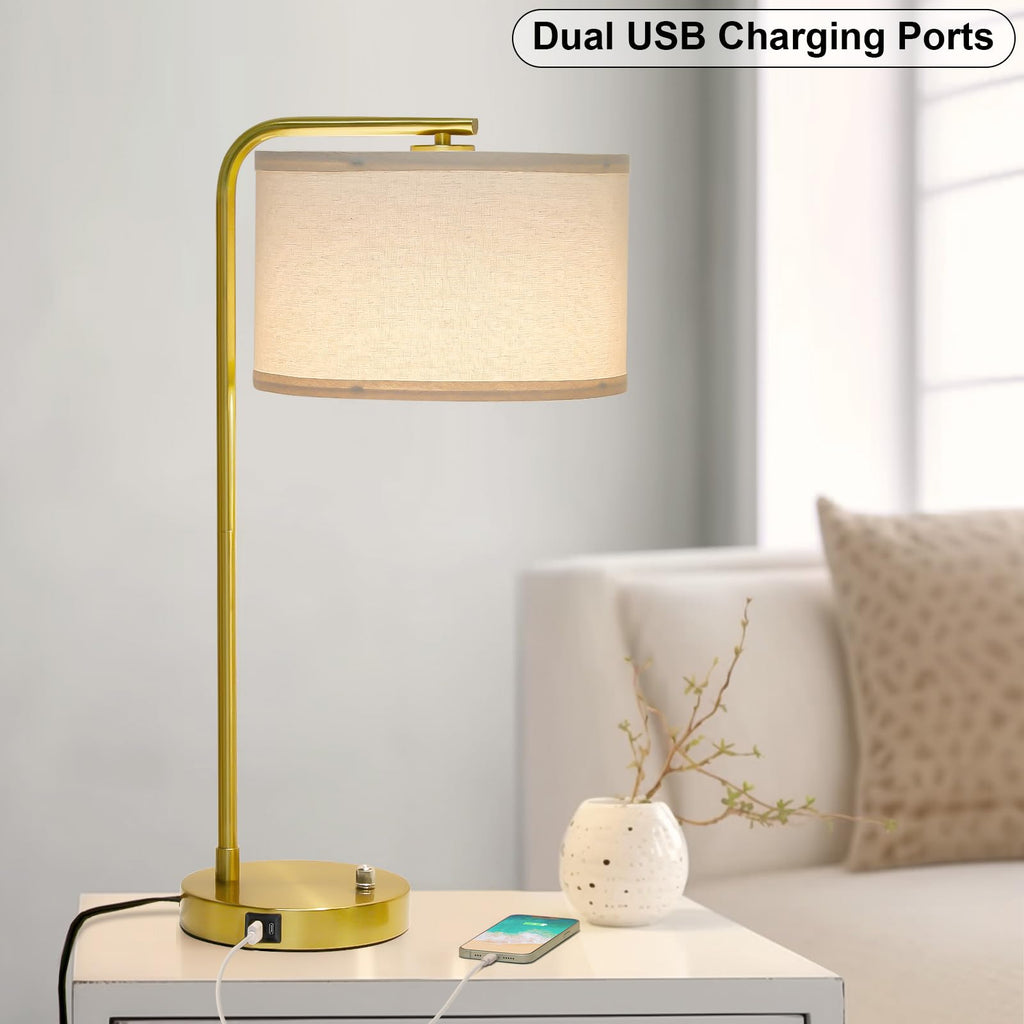 Mordern Gold Table Lamp, Fully Dimmable Bedside Lamp with C+A USB Ports