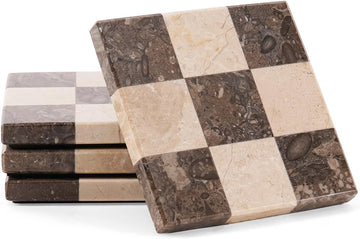 Marble Coasters, Oceanic & Verona Handmade 4 inch Square Stone Coaster, Decorative Checkered Cup Coaster - Set of 4