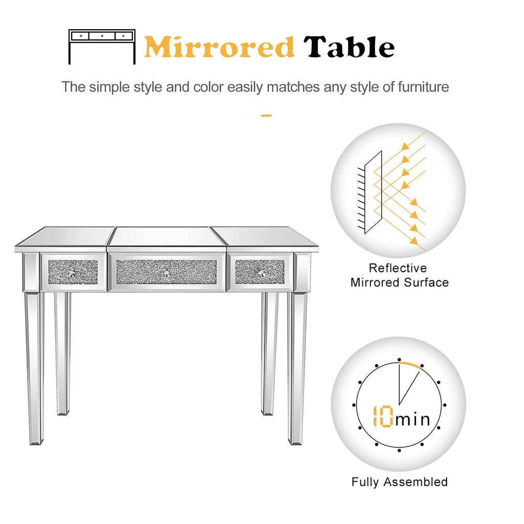 Mirrored Vanity Table, Silver Vanity Desk with Flip-Up Mirror, 3 Drawers, Glass Crushed Diamond, Bling Mirror Vanity