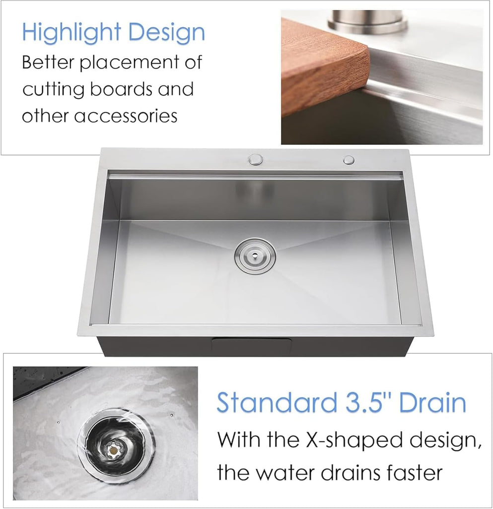33x22 Drop Sink, Single Bowl workstation