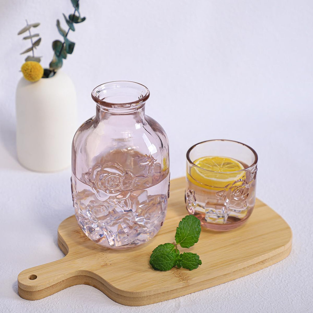 15 Oz Rose Embossed Pink Glass Bedside Night Water Carafe with Tumbler Glass.