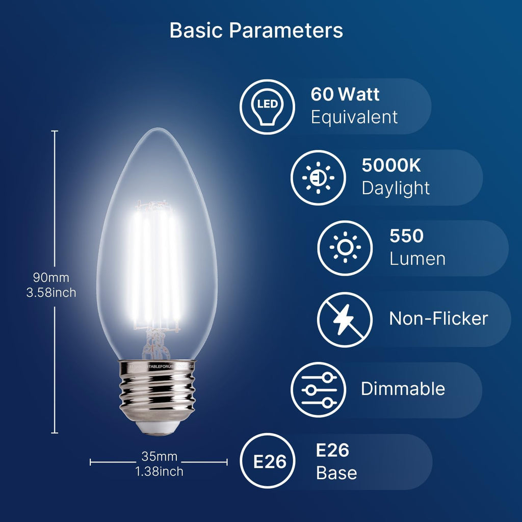 5000K Daylight Dimmable LED Candelabra Bulbs, 60W Equivalent, B11 E26 Base LED Chandelier Light Bulbs, 550LM
