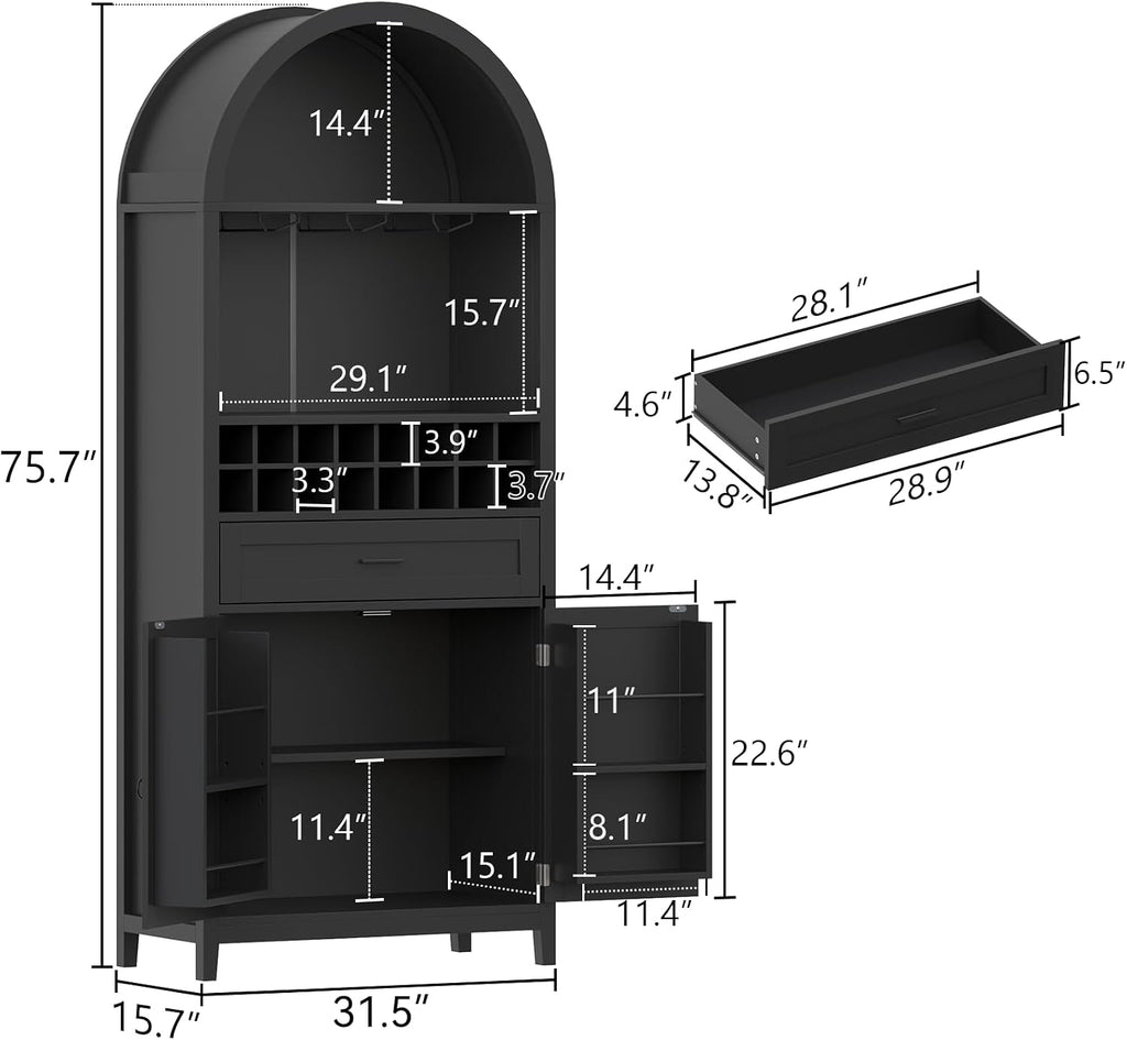 76" Arched Wine Bar Cabinet with Drawer, Glass Holders & Wine Rack | Modern Liquor Bars Cabinet W/Drawer & Shelves
