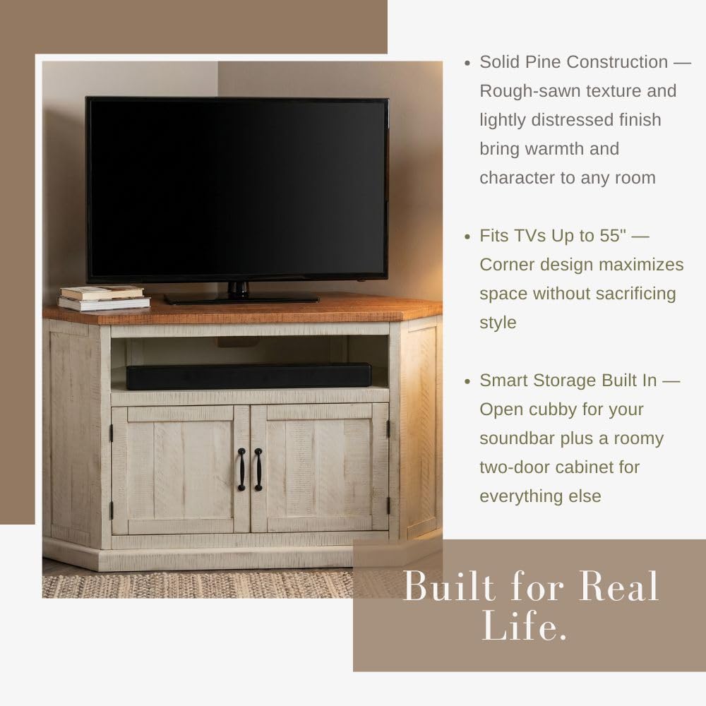 Rustic Corner Solid Wood TV Stand, White and Honey