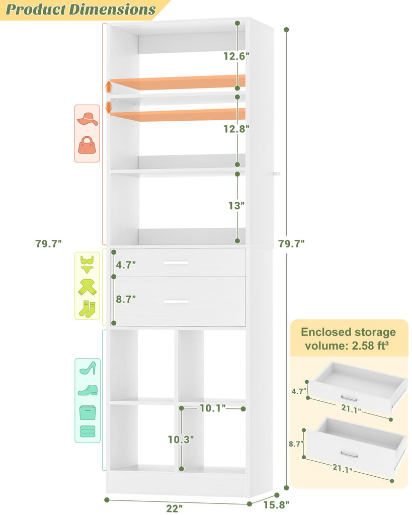 22" Closet System with Drawers, Small Closet Organizer for Walk in Closet, Wardrobe Storage Unit with Storage and