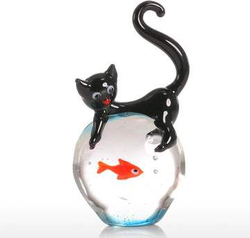 Cat and Goldfish Sculpture Glass Ornament Cat Figurine Hand Blown, Christmas Birthday Gift [Black & Red]
