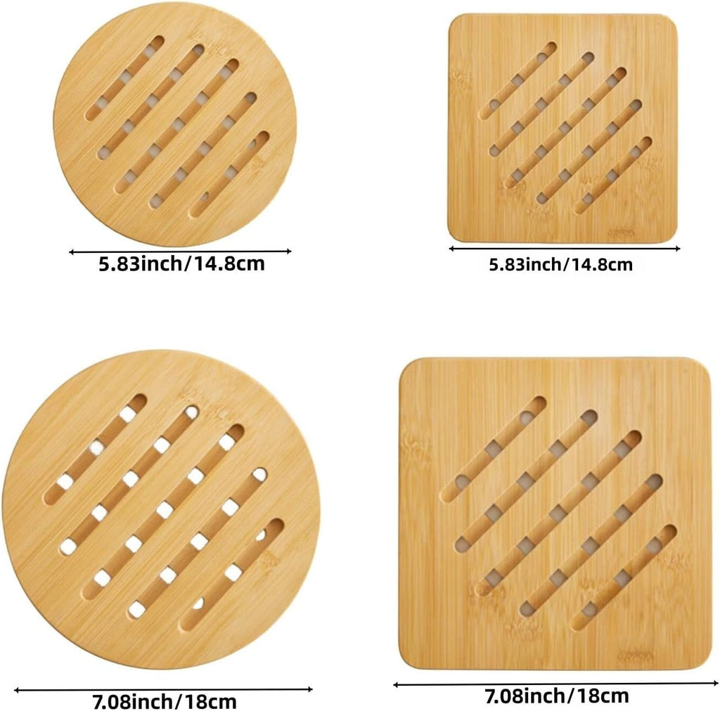 Hot Pads Trivet,Table Solid Bamboo Wood Trivets for Hot Dishes and Pot with Non-Slip Pads Heat Resistant Pads Teapot - Set of 4