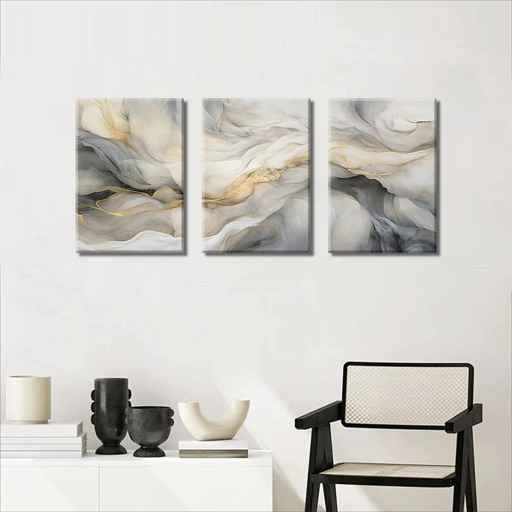 White and Grey Canvas Wall Art Set of 3 Abstract Beige Gold Marble Fluid Wall Decor Pictures Neutral Modern