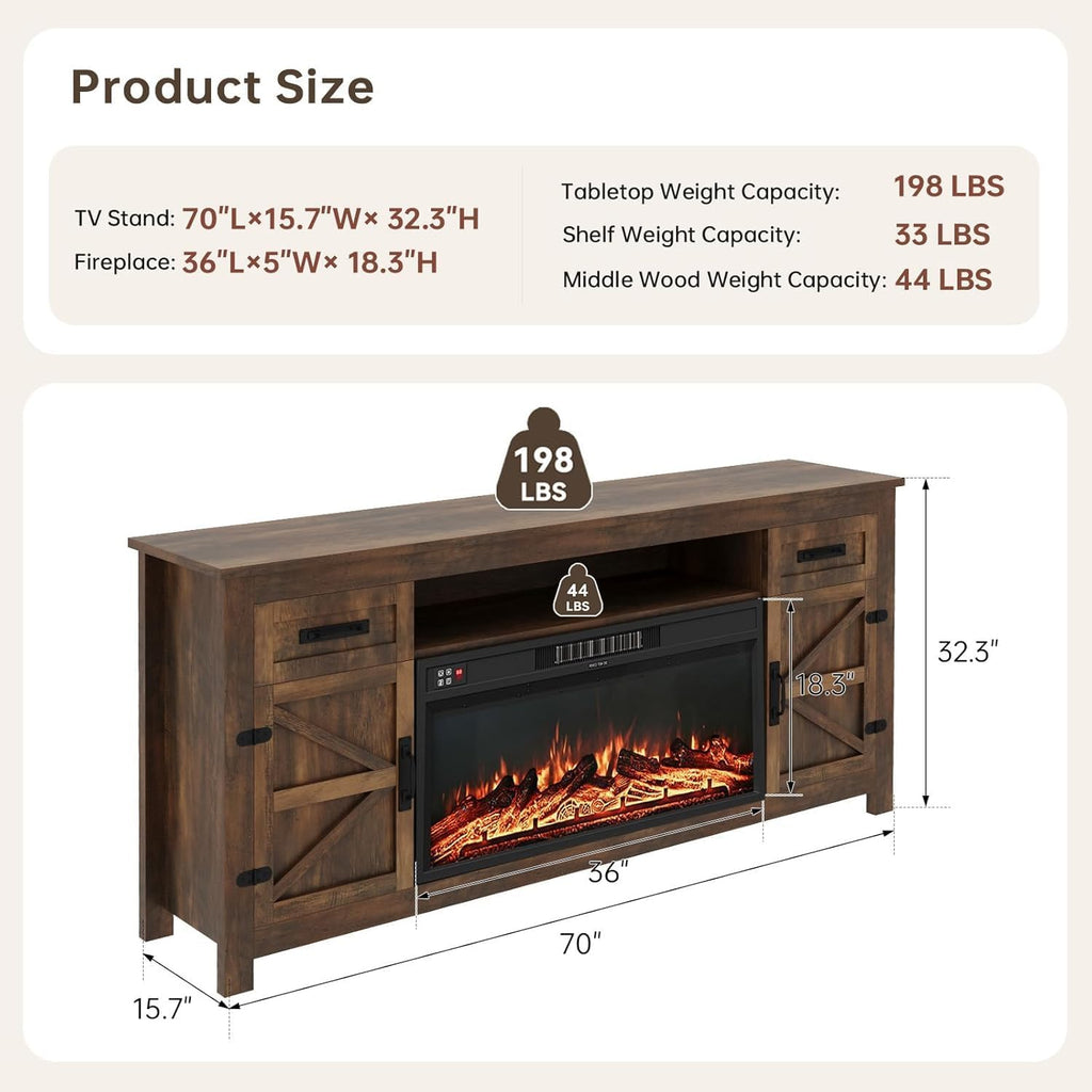 Fireplace TV Stand with Barn Door, 70 inch, Walnut