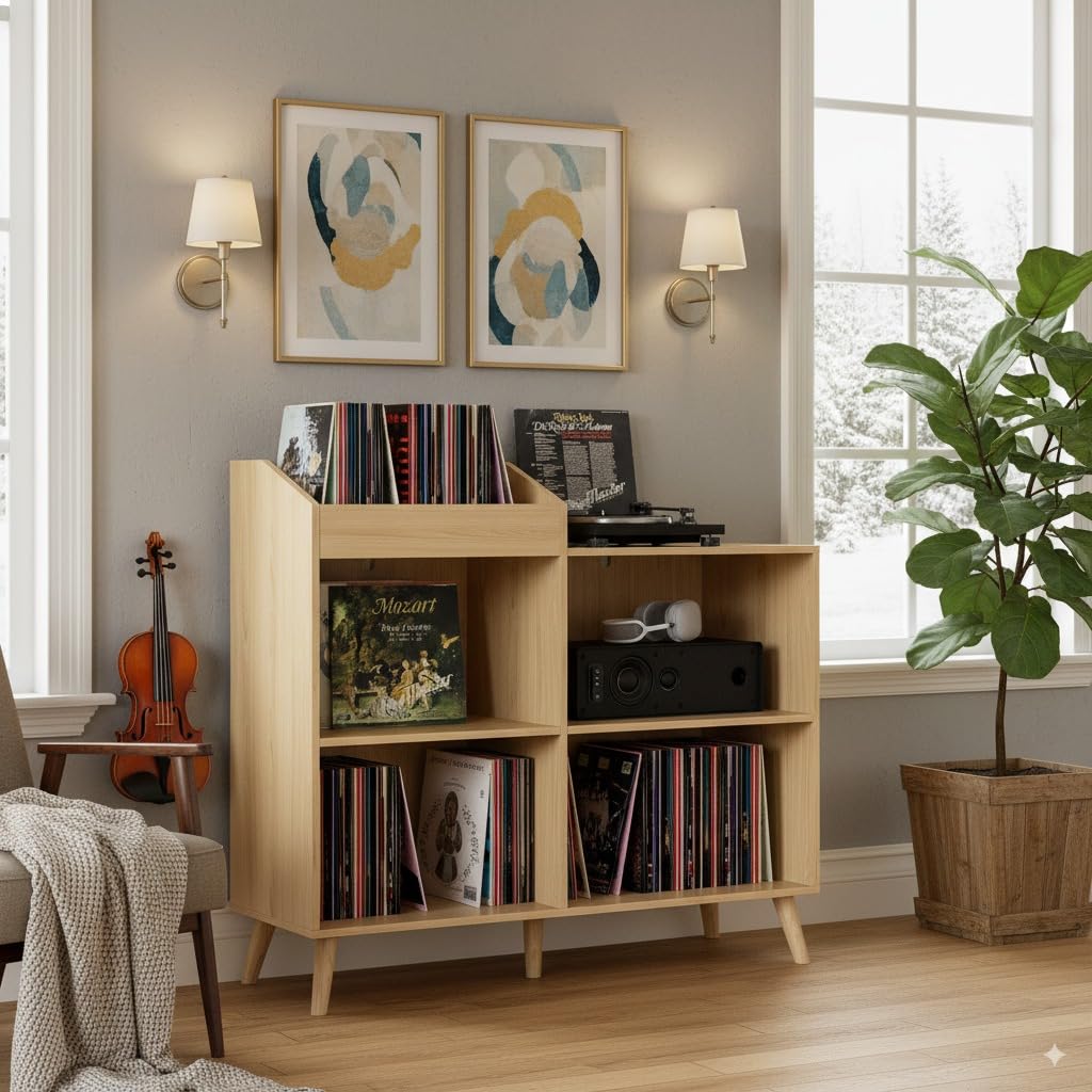 Large Record Player Stand with Power Outlet, Vinyl Record Storage Table Holds Up to 400 Albums, Mid-Century Turntable