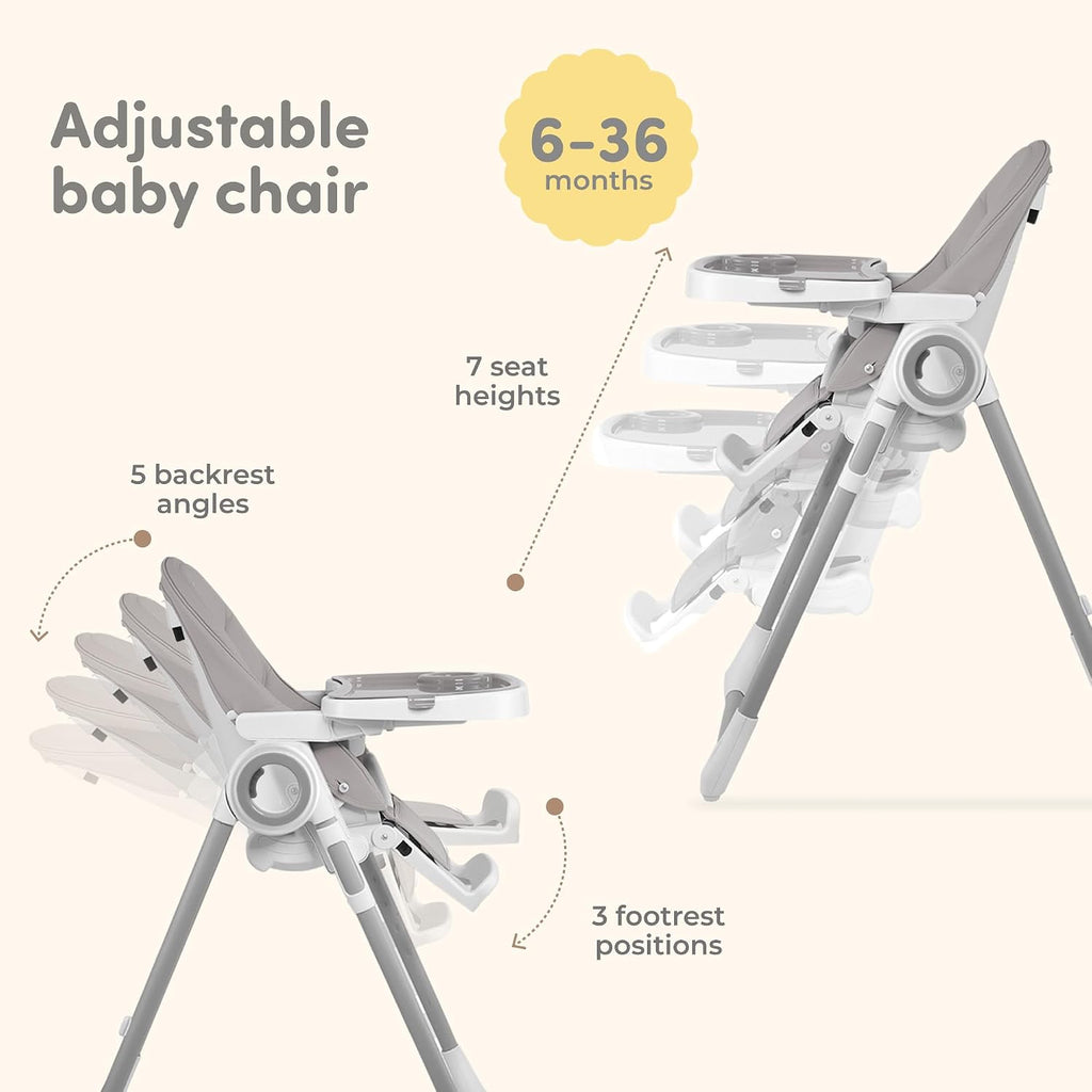 Baby High Chair Adjustable to 7 Different Heights - Grey Baby Chair - Silla para Comer de Bebe - Foldable High Chairs