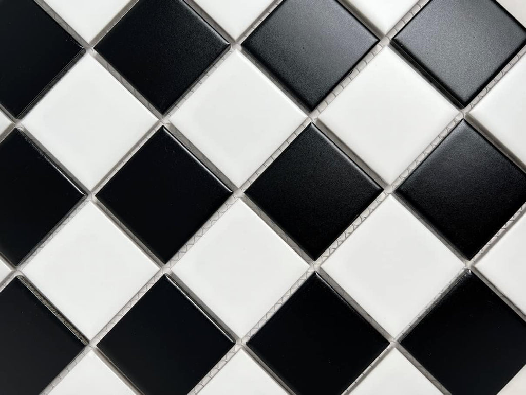 2x2 Black & White Checkered Porcelain Mosaic Tile Glazed 12x12 Mesh Backsplash Bathroom Shower Wall Floor Accent