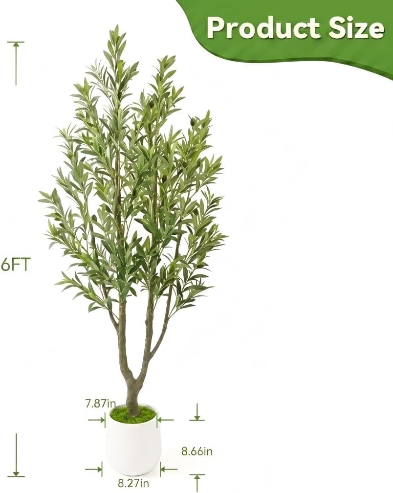 6FT Artificial Olive Tree with White Tall Planter, 72" Realistic Silk Leaves & Fruits Faux Olive Tree, Tall Potted