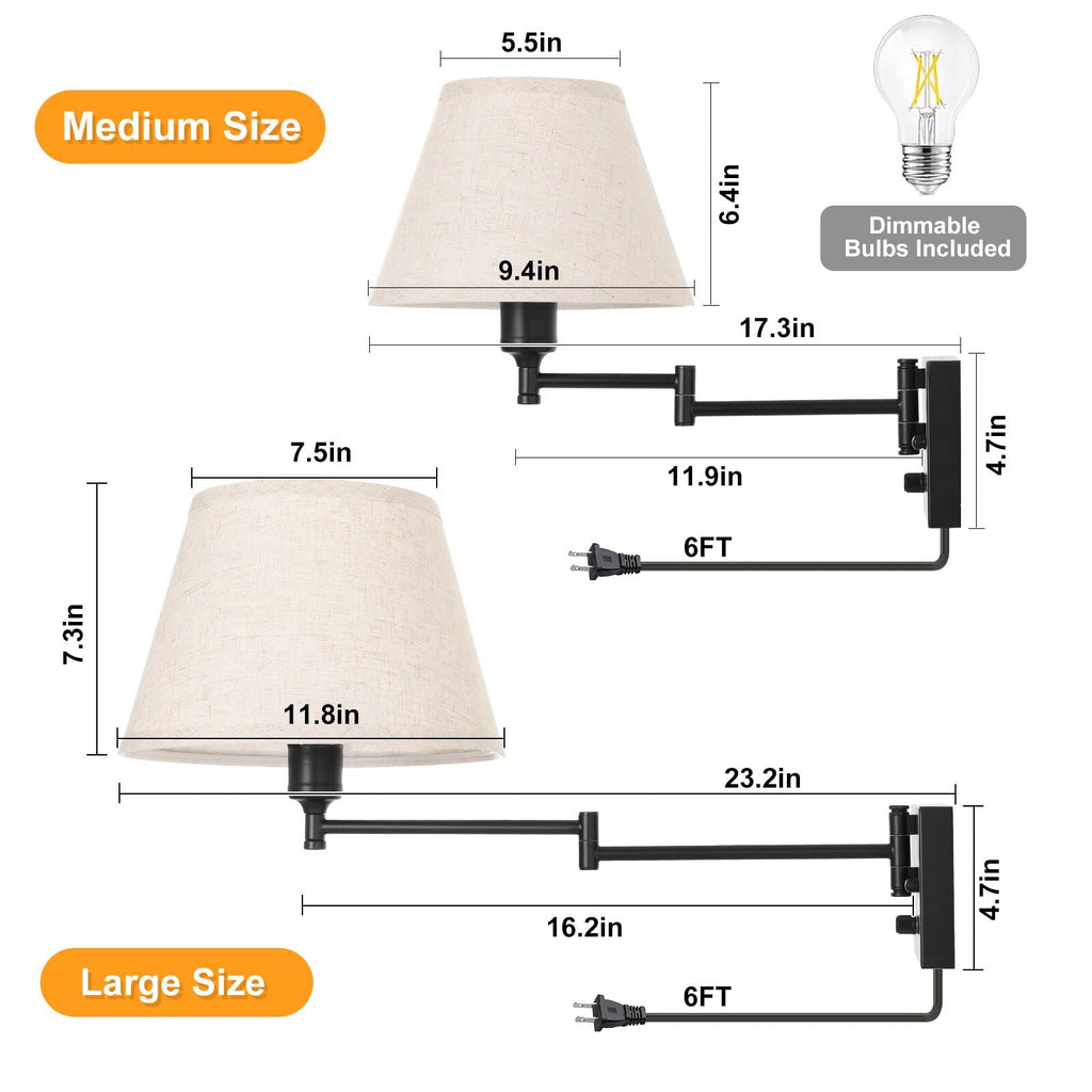 Dimmable Wall Sconce Plug in, Wall Sconces Set of Two Swing Arm Wall Lights with Plug in Cord and On/Off Dimmer