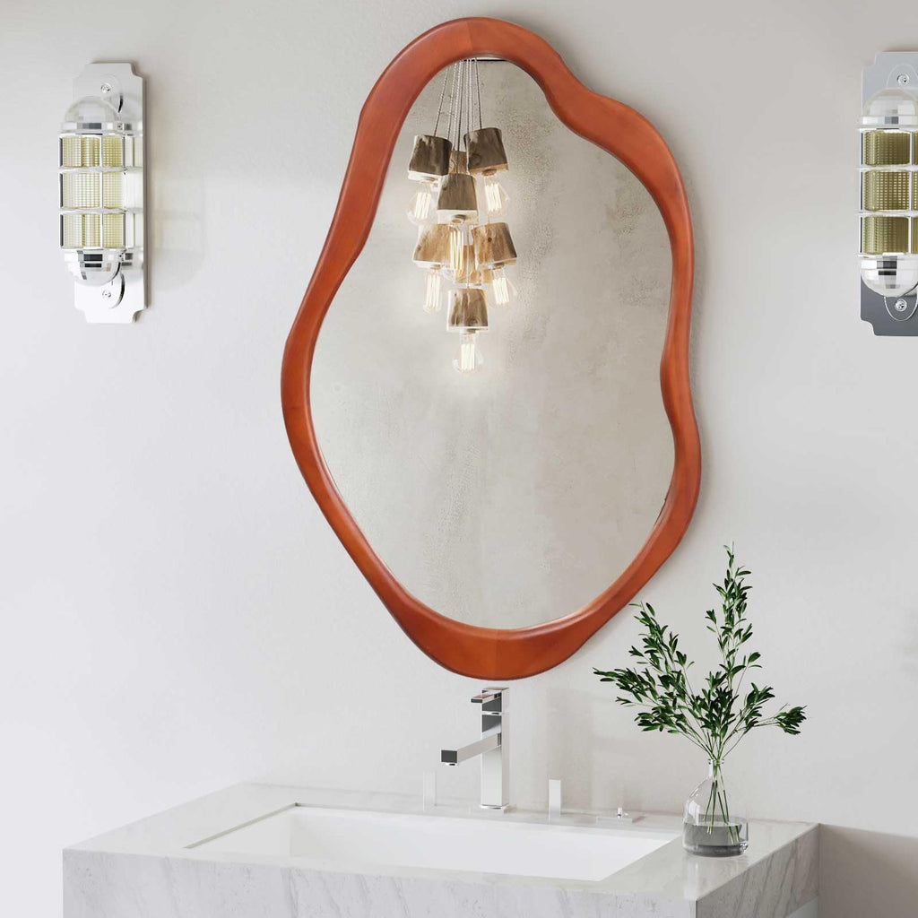 42"x 28" Irregular Wall Mirror, Walnut Wood Framed Wall Mirror, Asymmetrical Wall Wavy Mirror Bedroom Entryway