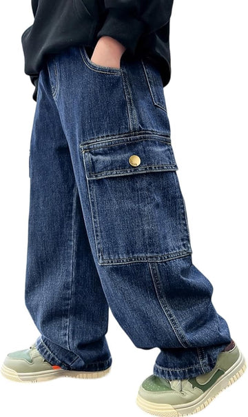 Boy's Baggy Jeans Straight Leg Denim Pants with Pockets