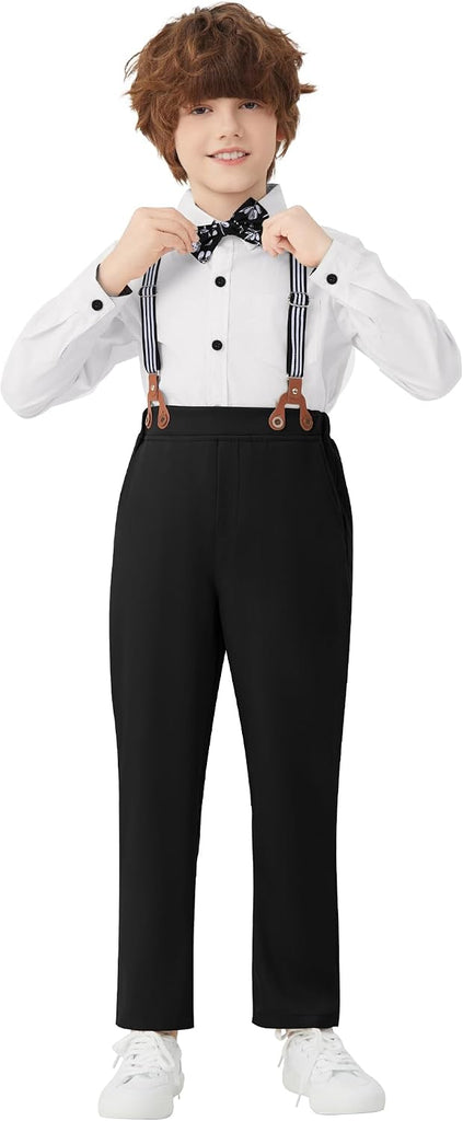 Boys Dress Clothes Wedding Ring Bearer Outfit Boy Formal Suits Dress Shirt with Bow Tie +Suspender Pants Set