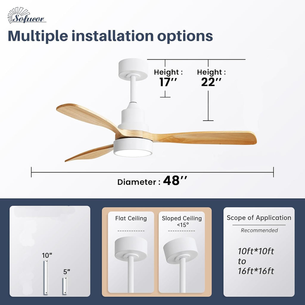 48 Inch Smart Ceiling Fan with Lights and Remote/APP Control, Work with Alexa/Google, 3 Blade Solid Wood Low Profile