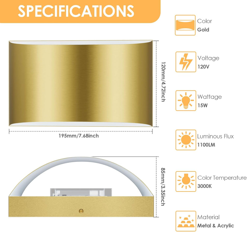 Modern LED Wall Sconces Set of 2, 3000K Warm White Up and Down Mount Light, Gold Hardwired Interior Wall Lights Lamp
