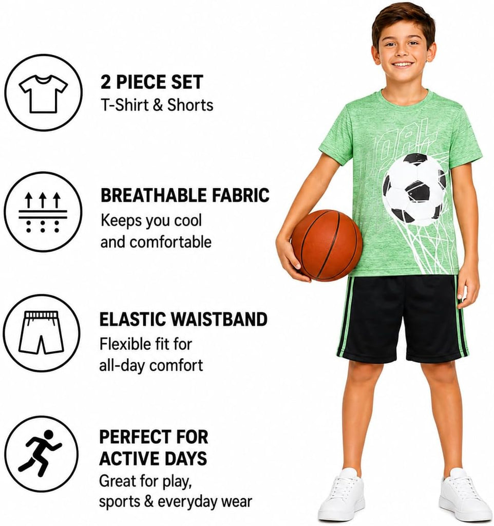 Active Boys Short Sets - 2 Piece Performance Crewneck Short Sleeve T-Shirt and Shorts Boys Athletic Sets