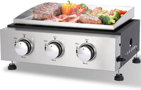 3-Burner Portable Tabletop Propane Gas Griddle, Stainless Steel Cooking Surface with Protective Cover and Regulator for Camping, Tailgating, and Outdoor Cooking