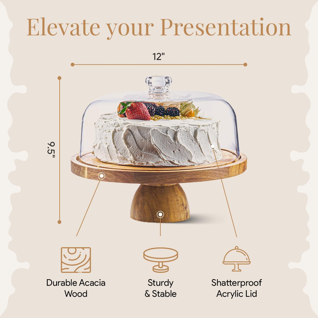 Wood Cake Stand with Lid, 2-in-1 Charcuterie Board, Round dome