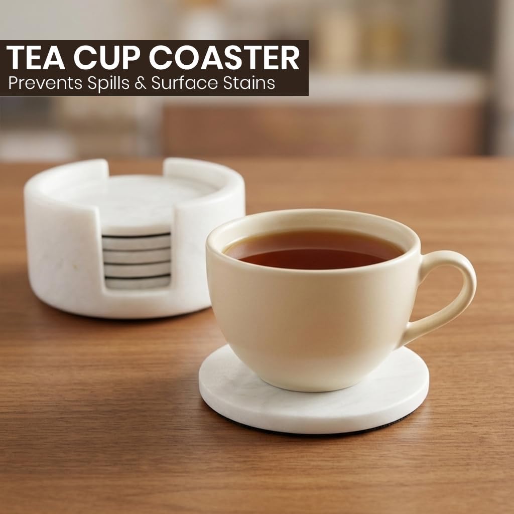 Marble Coasters with Holder, 3.5 Inch Round Drink Coasters for Tabletop and Coffee Table Decor, White - Set of 6