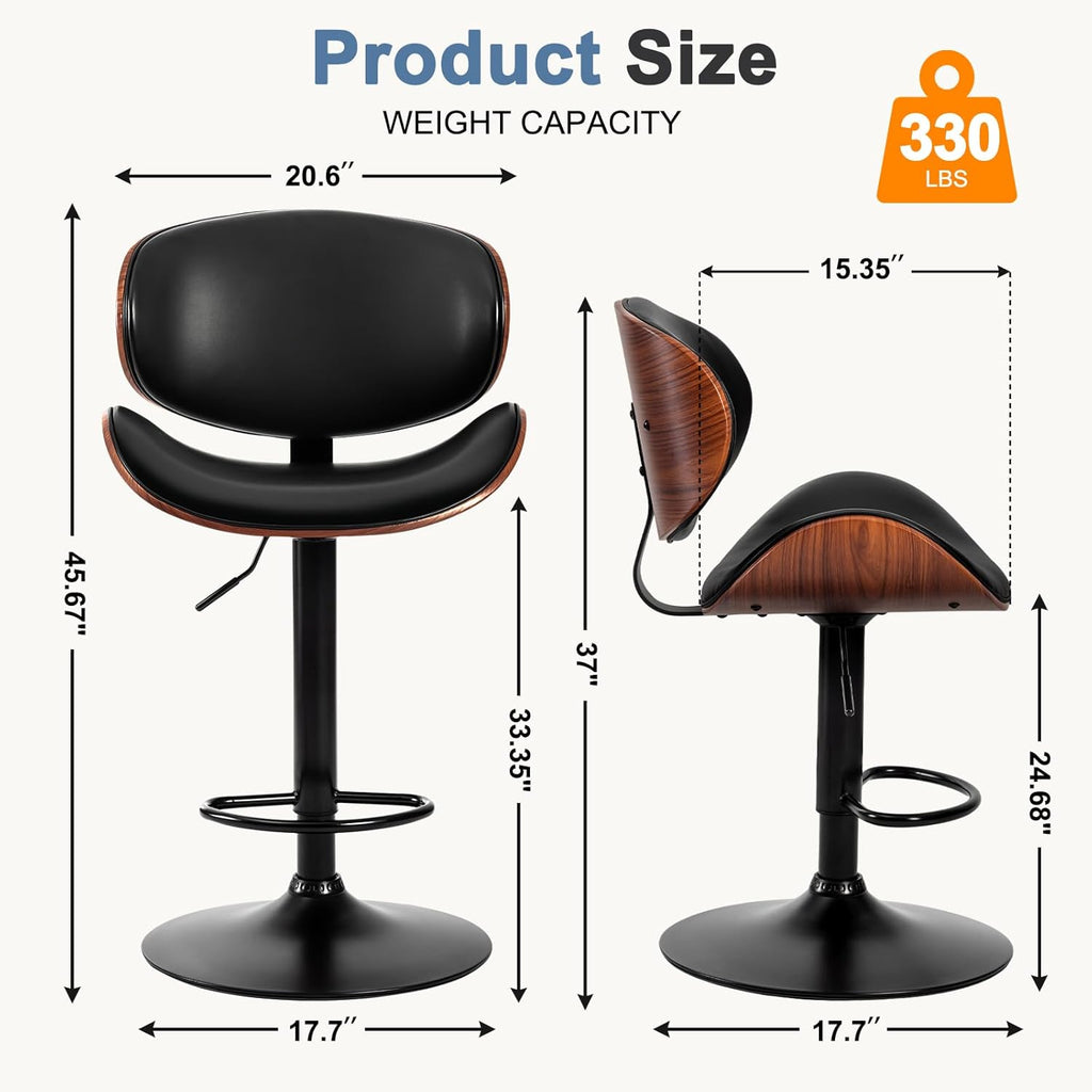Swivel Bar Stools Set of 4, Adjustable Counter Height 24.6"-33.3" Bentwood BarStools, PU Leather Upholstery Bar Chair