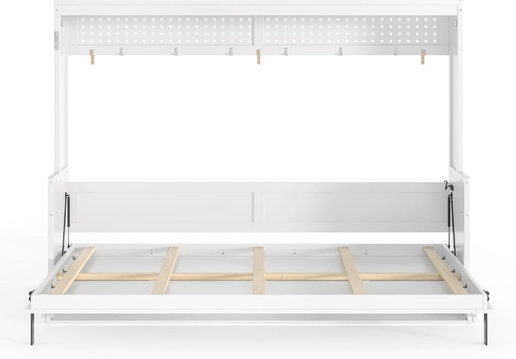 Queen Horizontal Murphy Bed with Desk, Farmhouse Wall Bed Frame with LED Lights & Charging Station, Wood Hidden
