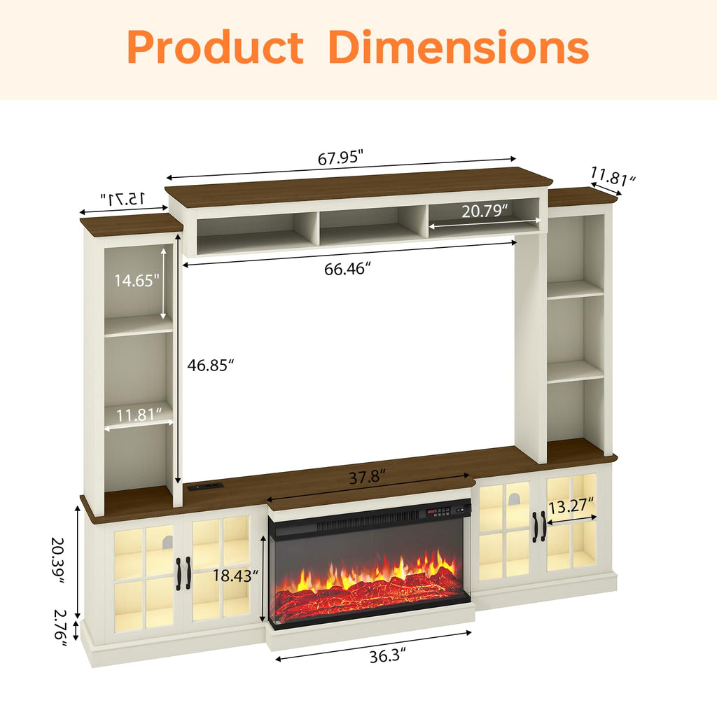 White Farmhouse TV Stand with Fireplace, Entertainment Center, 98" Wall Unit Media Console with Bookshelf, Cabinet &