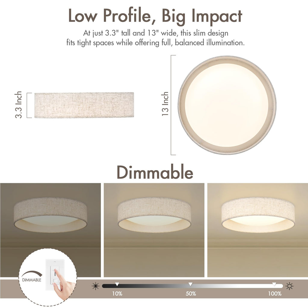 Modern Linen LED 13 Inch Ceiling Light Fixture with 24W 5CCT, Flush Mount Low Profile Room Lamp, Dimmable Minimalist