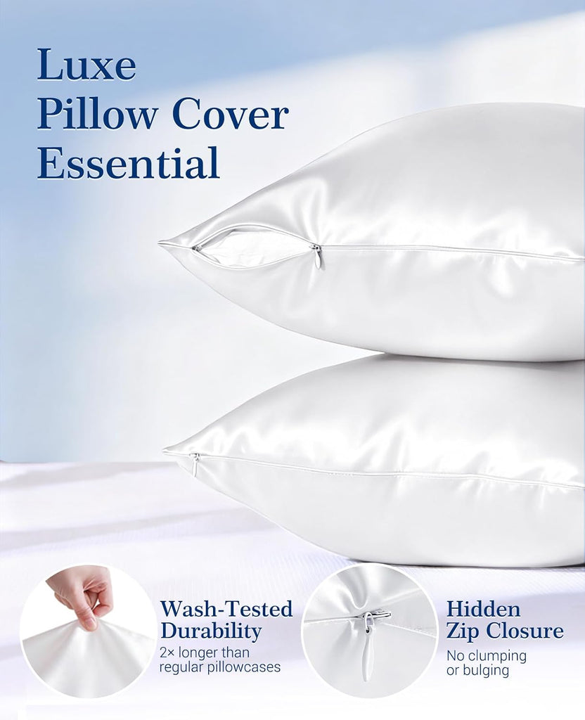 Cooling Satin Pillowcase for Hair & Skin with Zipper 20" x 30" and Cooling Blanket Stripe 90" x 108" White Bundle