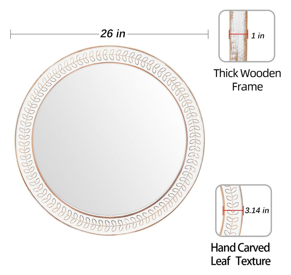 26 inch Round Mirrors for Wall Wood Circle Mirror with Carved Frame Rustic Accent Distressed Decorative Bedroom