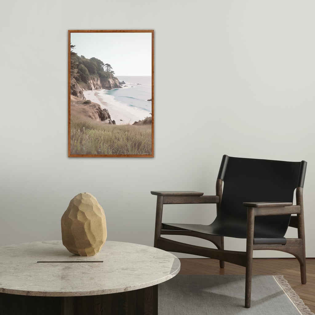 Coastal Seascape Framed Canvas Wall Art, Modern Beach Wall Decor, Neutral Pine Tree Painting, Natural Ocean Artwork
