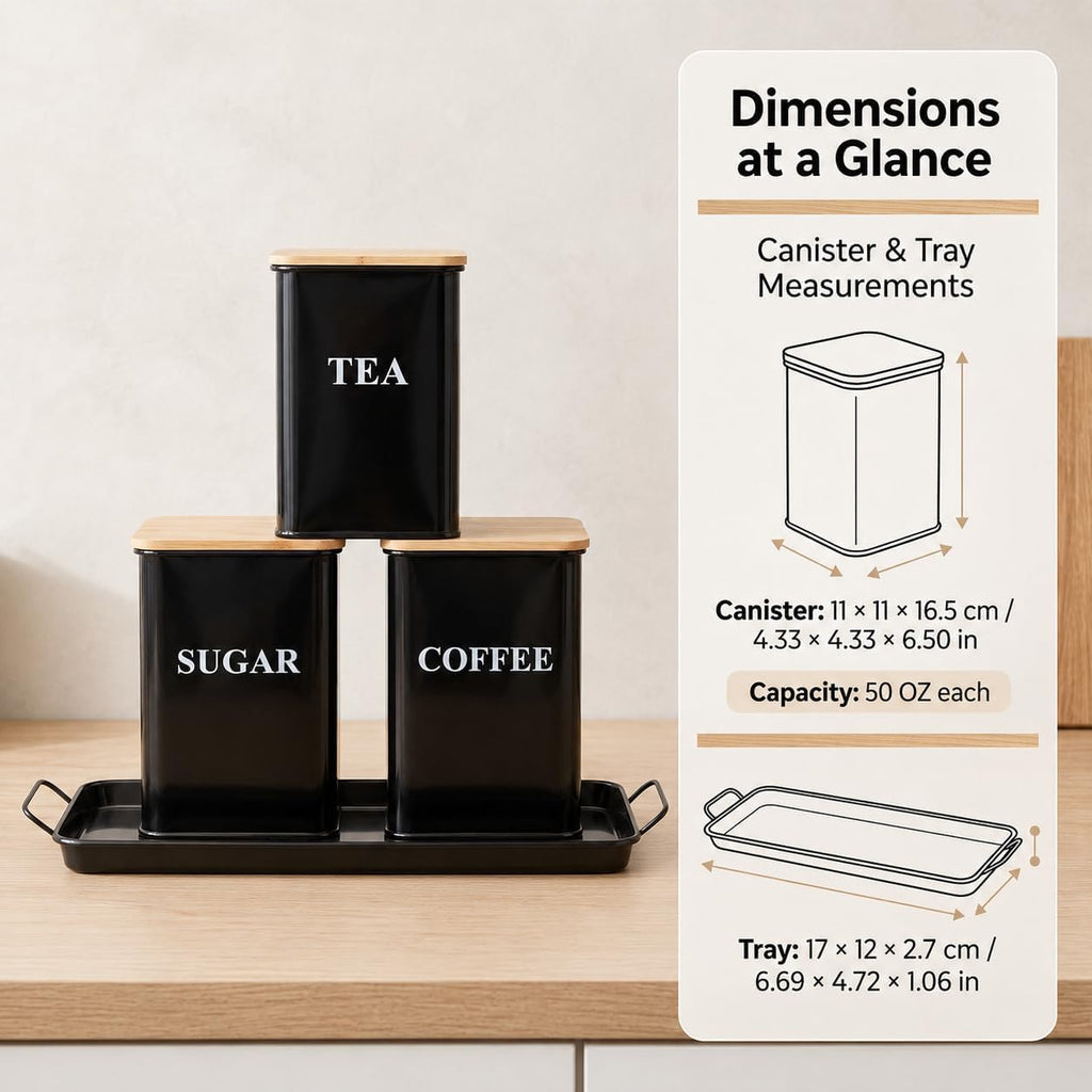 Coffee Tea Sugar Container Set , 50 oz Metal Kitchen Canisters-Black