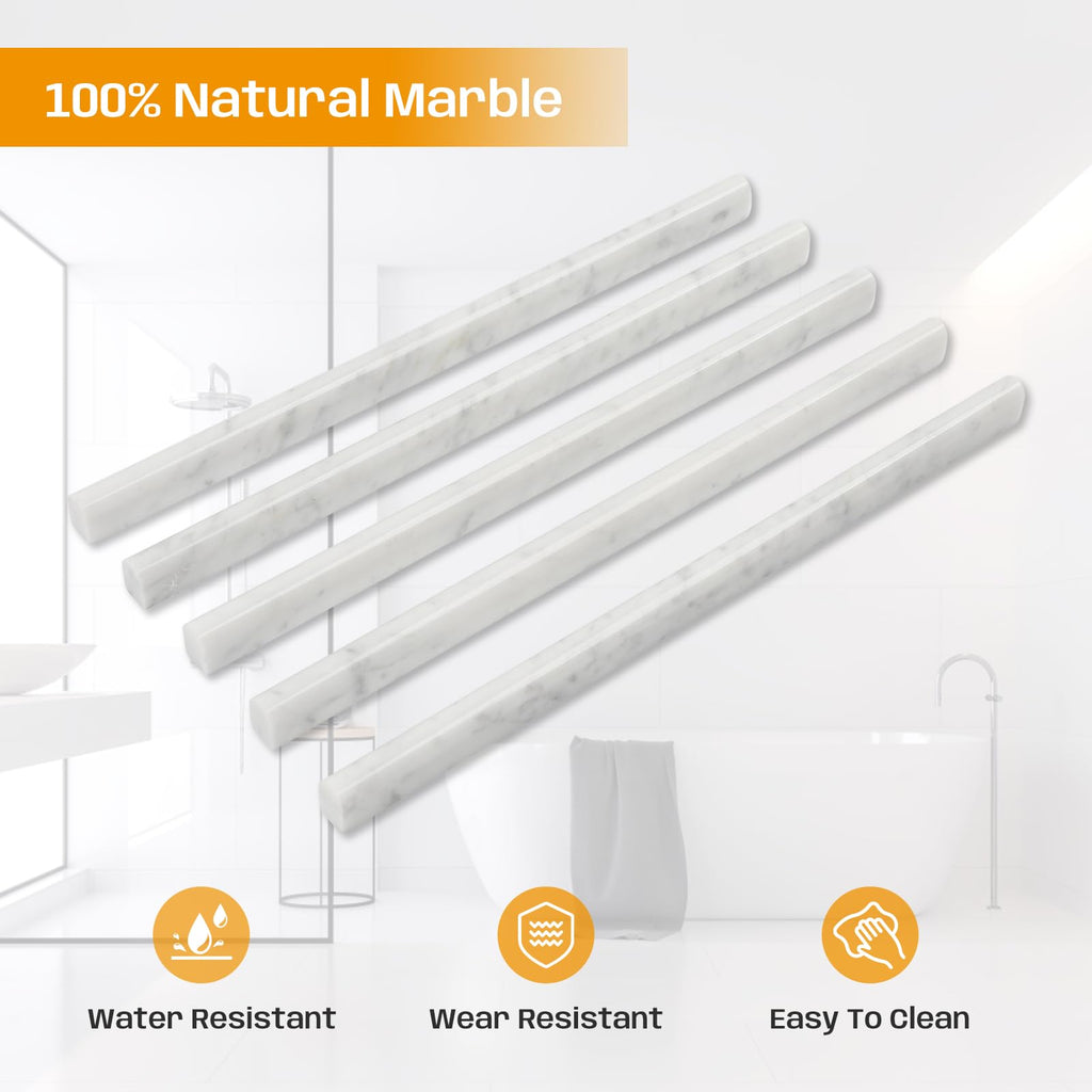 Carrara White Marble Pencil Trim Liner, 1/2"x12" Bullnose Tile Edge, 10 Pcs