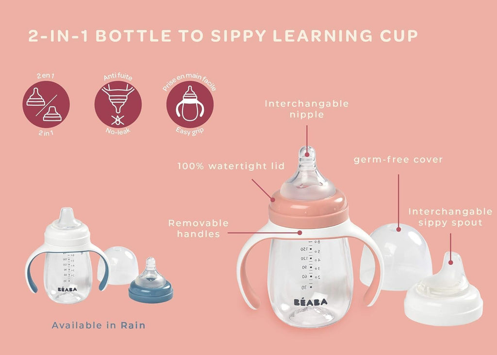 2-in-1 Baby Bottle to Transition Sippy Cup, No Spill Sippy Cup, Includes Removable Handles, Silicone Baby Bottle