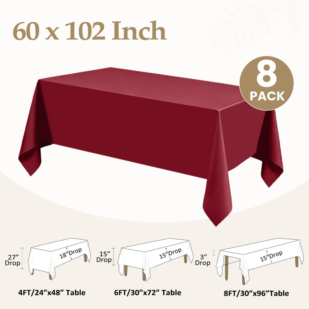 Burgundy Tablecloth Rectangle 60 x 102 Inch, 8 Pack