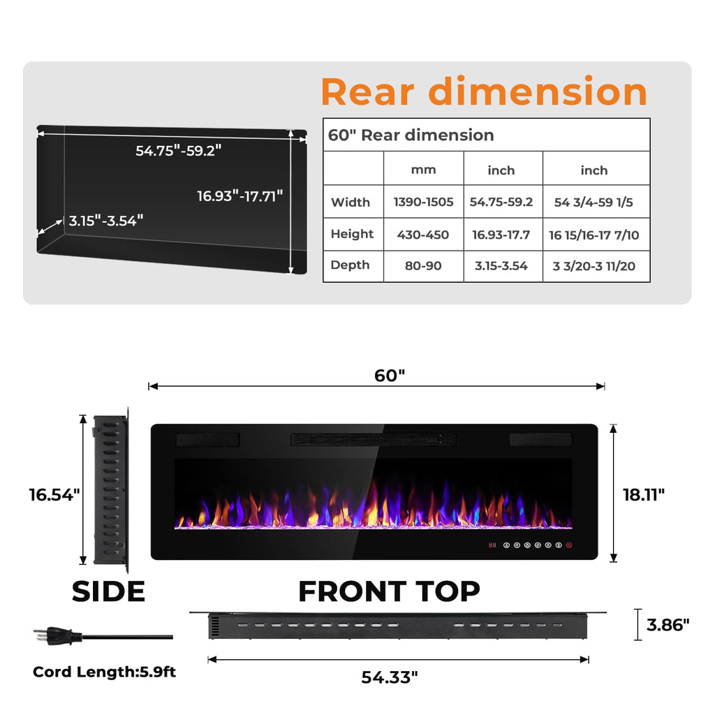 60 Inch Electric Fireplace in-Wall Recessed and Wall Mounted, Fireplace Heater and Linear Fireplace with Multicolor