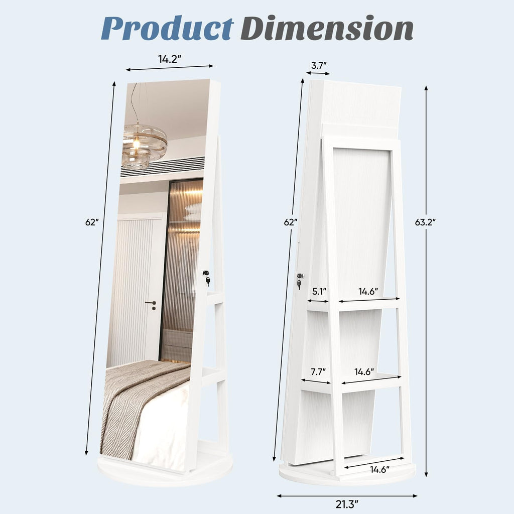 360° Swivel Jewelry Cabinet with Light, Lockable Full Length Mirror